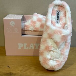 Playboy PINK CHECK FUZZY SLIPPERS Women’s Sz XL 9.5 - 10.5 NEW